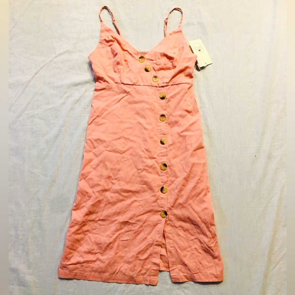 NWT Small Moon Orchid Button Front Dress Cotton Flax Adjustable Spaghetti Straps